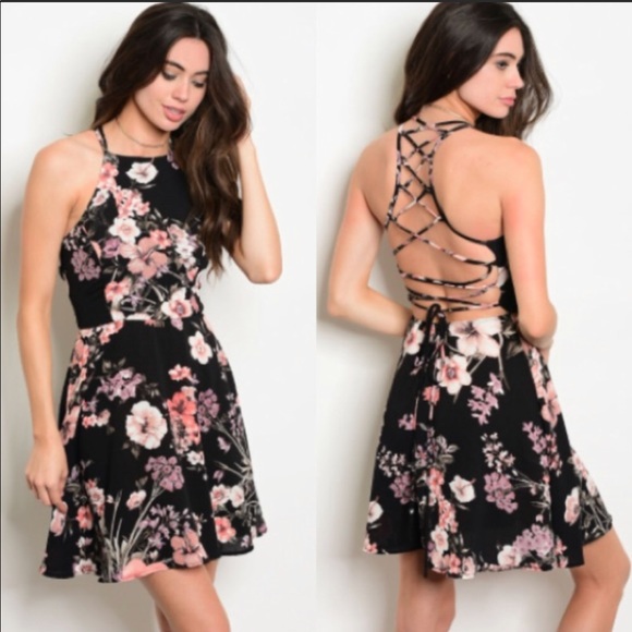 NWT- Black & Pink floral Caged strap dress - Picture 5 of 8